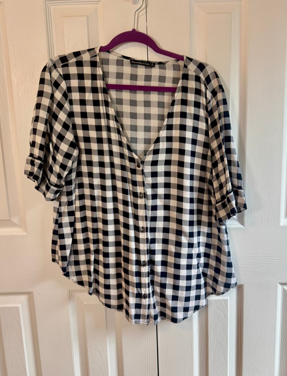 Abercrombie & Fitch Navy Gingham Blouse — Short Sleeve — Size XL